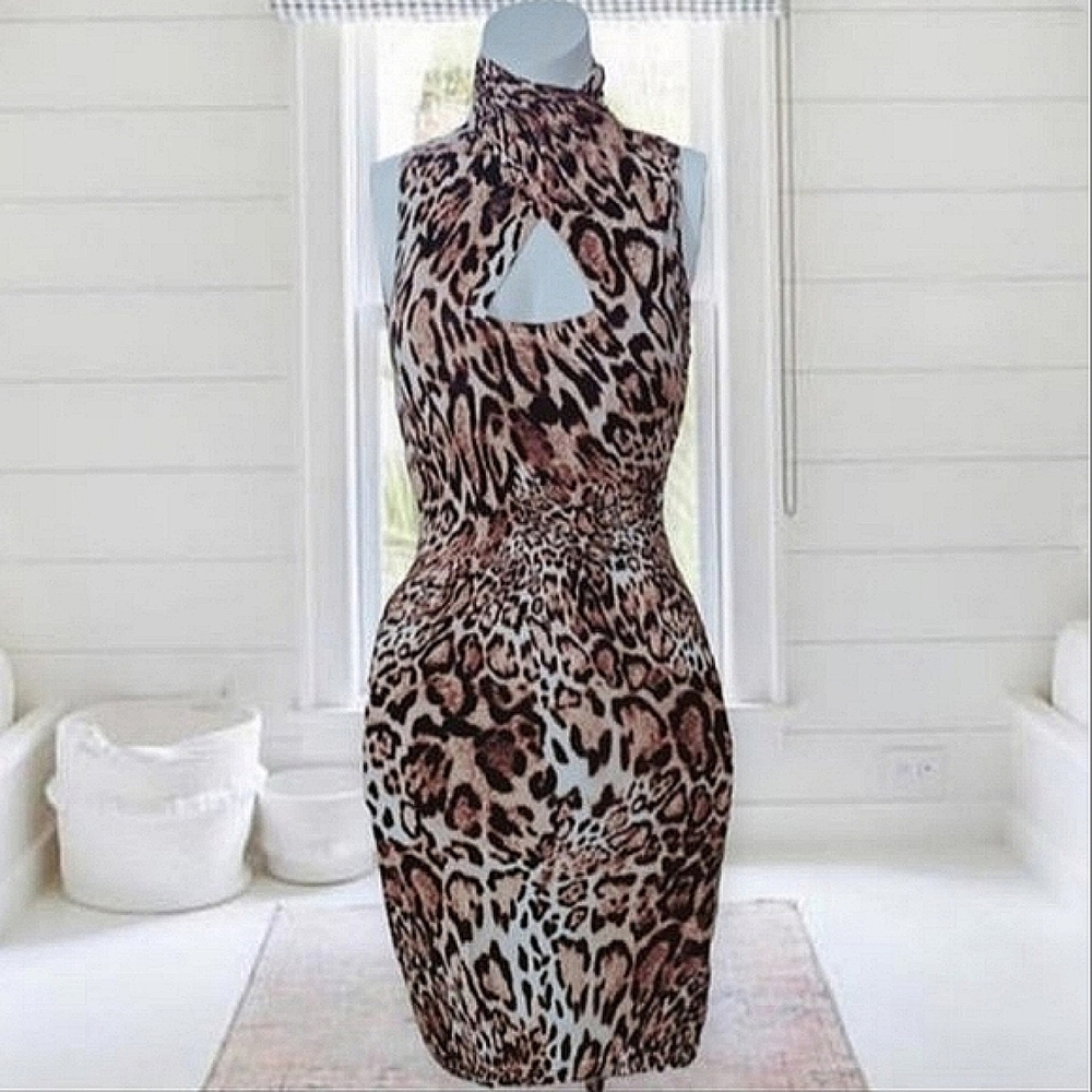 BEBE- Cutout Keyhole Mock Turtle Neck Animal Print Dress